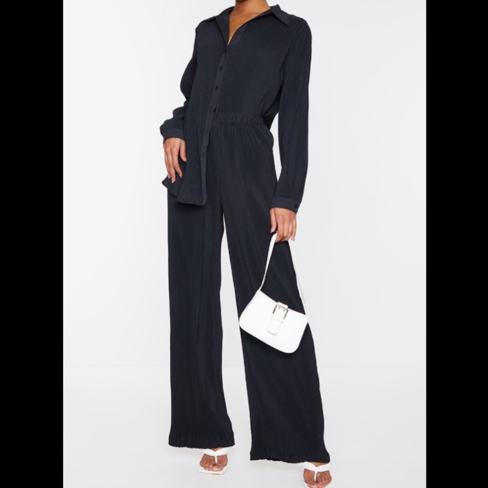 Pretty little thing “black plisse high waisted wide leg pants”